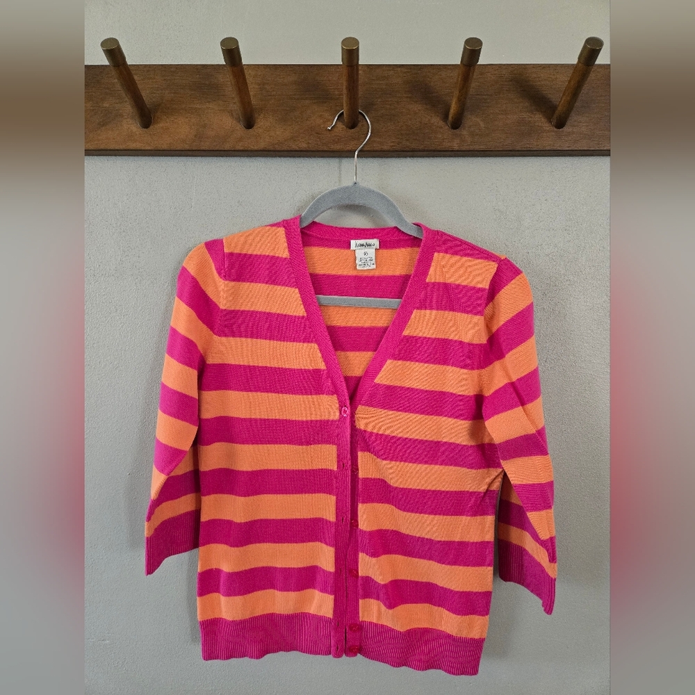 Neiman Marcus Pink and Orange Striped Cardigan Sweater